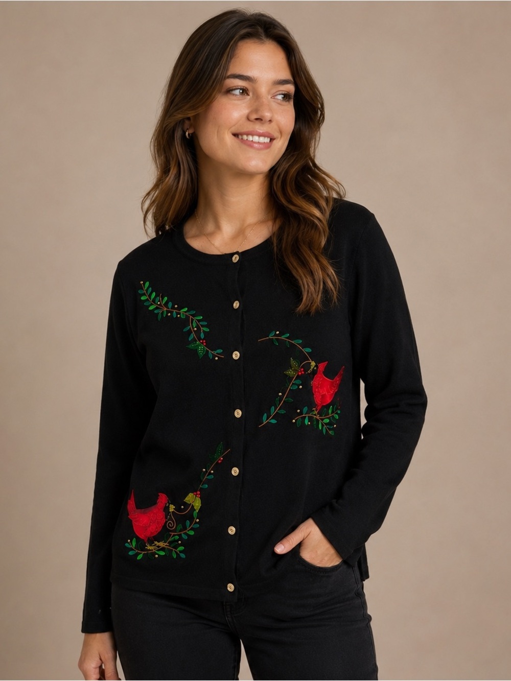 Classic‎ Elements Black Cardinal Embroidered Button Front Cardigan Sweater XL